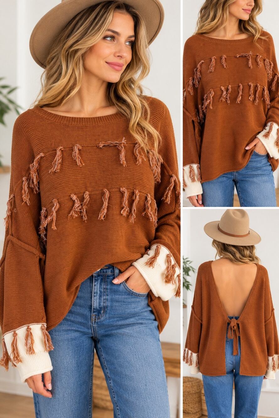 POL Women's Rust Brown Open Back Fringe Tassel Oversized Knit Sweater S